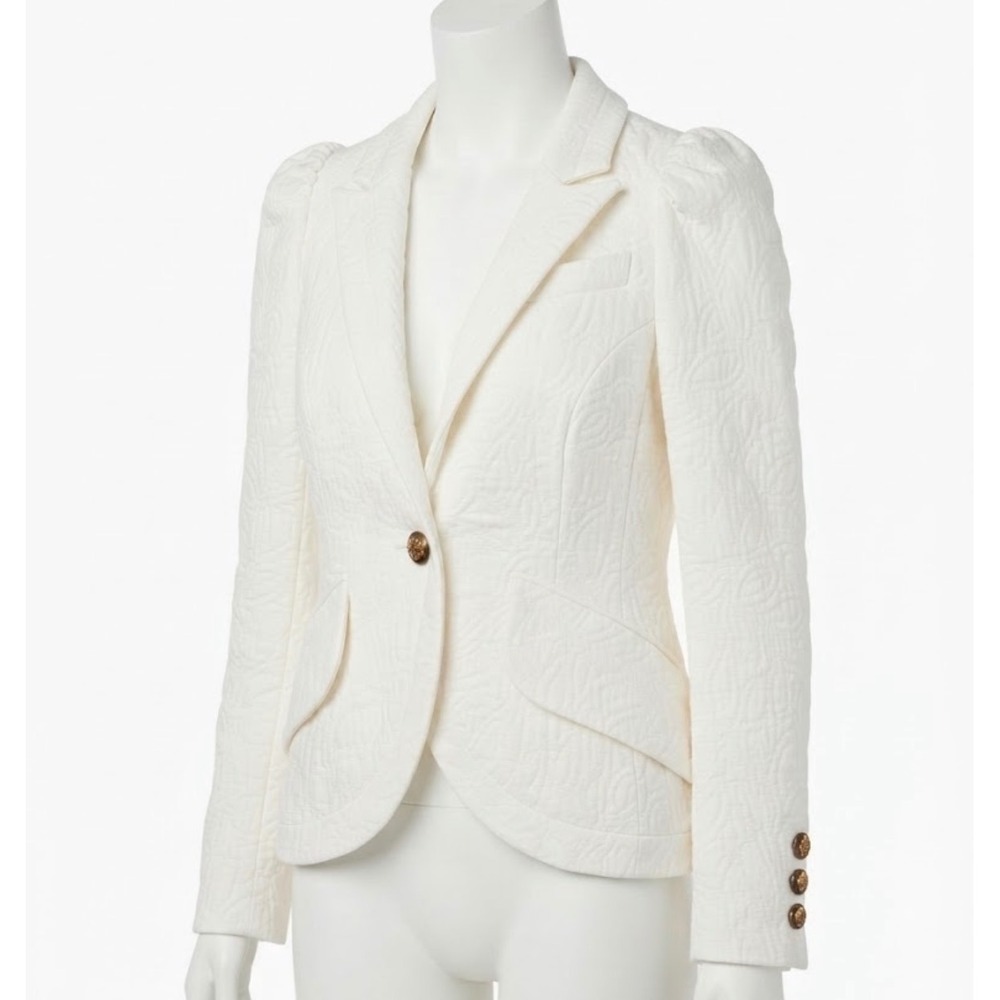 Smythe White Brocade Textured Puff Shoulder Blazer Jacket Size 2 Gold Buttons